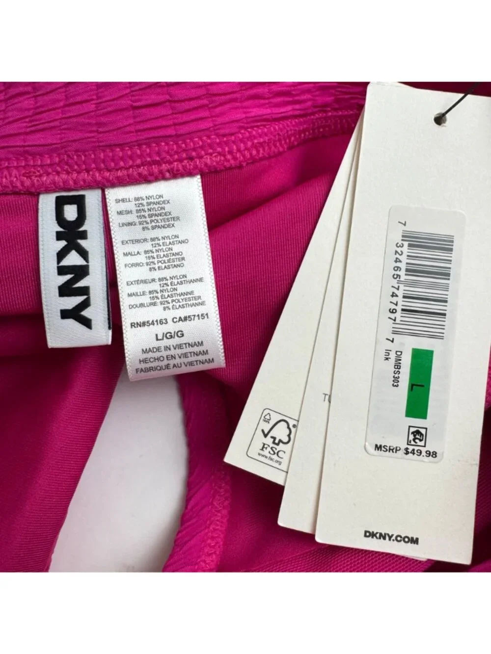 DKNY NEW Fuchsia Pink Smocked Bikini Bottom Size Lrg Swimwear Modest Beach Pool